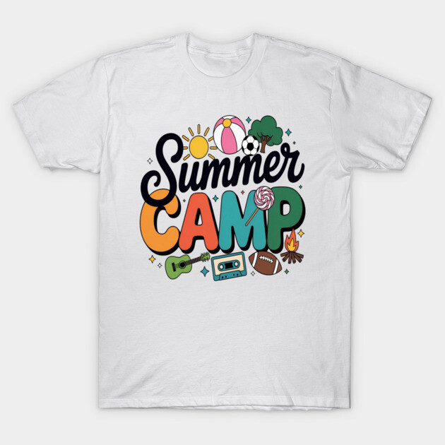 White t-shirt with colorful "Summer Camp" graphic, featuring summer icons like sun, ball, and guitar. Casual cotton wear.