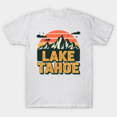 White Lake Tahoe graphic t-shirt with mountain design, casual style, cotton material, unisex fit.