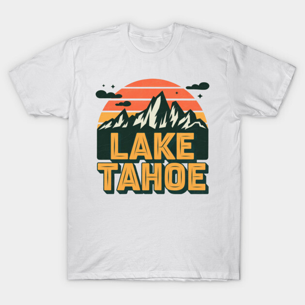 White Lake Tahoe graphic t-shirt with mountain design, casual style, cotton material, unisex fit.