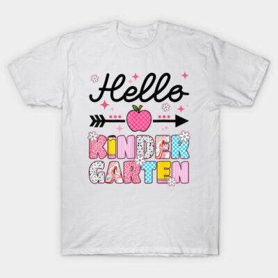 White t-shirt with "Hello Kindergarten" design, featuring colorful letters, arrow, and apple graphic. Perfect for school.