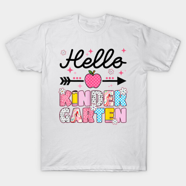 White t-shirt with "Hello Kindergarten" design, featuring colorful letters, arrow, and apple graphic. Perfect for school.