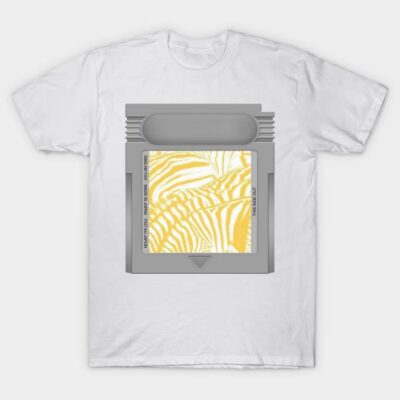 White T-shirt featuring a retro game cartridge design with a yellow zebra pattern, perfect for casual wear.
