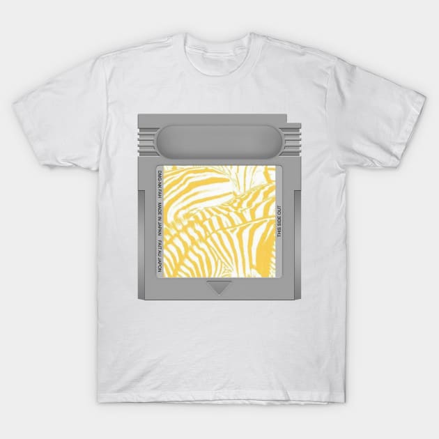 White T-shirt featuring a retro game cartridge design with a yellow zebra pattern, perfect for casual wear.