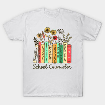 White "School Counselor" t-shirt with colorful book and flower design, cotton material, casual wear.