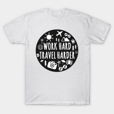 White t-shirt with "Work Hard Travel Harder" black graphic, featuring travel icons. Casual wear, cotton material.