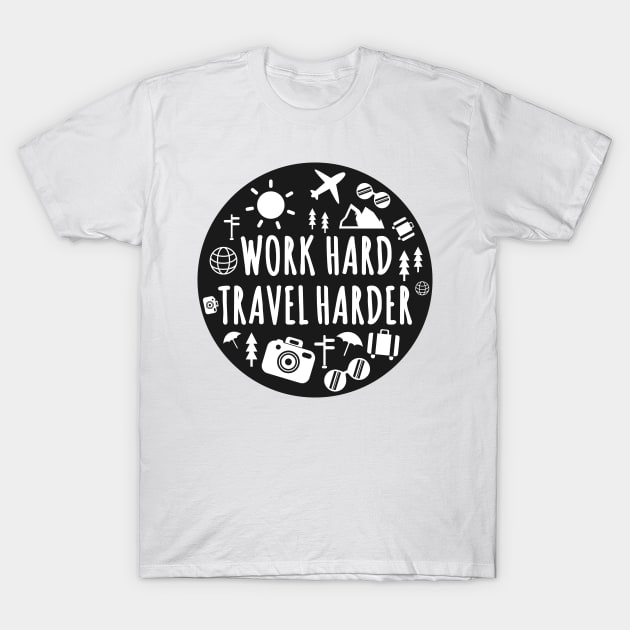 White t-shirt with "Work Hard Travel Harder" black graphic, featuring travel icons. Casual wear, cotton material.