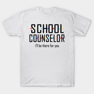 White cotton T-shirt with "School Counselor" text design and colorful heart accents, casual style, ideal for educators.