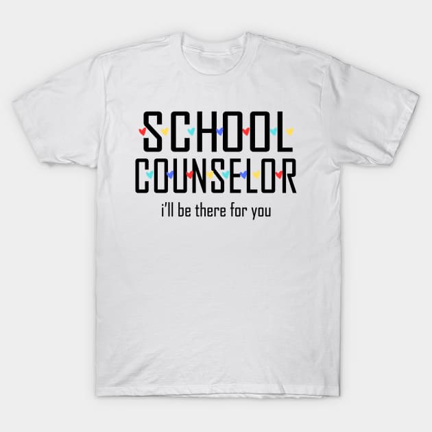 White cotton T-shirt with "School Counselor" text design and colorful heart accents, casual style, ideal for educators.