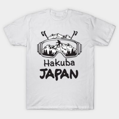 White Hakuba Japan T-shirt featuring mountain and ski goggle design, perfect for winter sports enthusiasts.