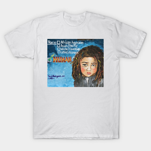White T-shirt with colorful artwork of a child, text "Race: Human", casual wear, cotton material.