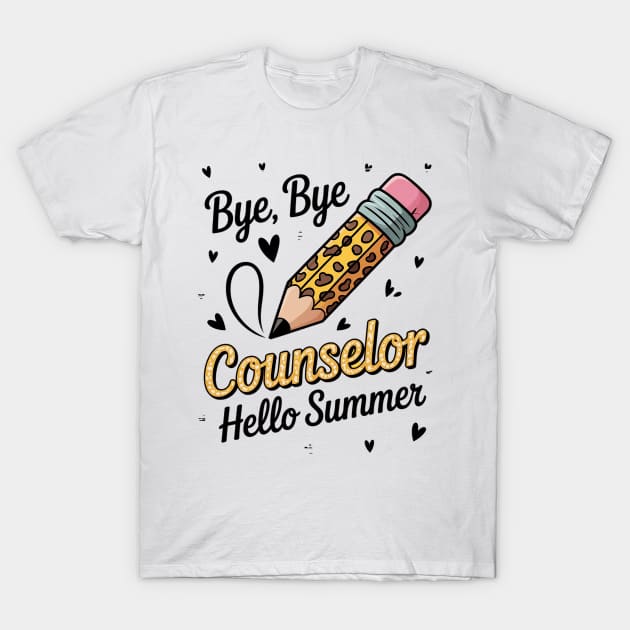 White T-shirt with colorful pencil and text design, "Bye Bye Counselor, Hello Summer." Fun casual summer wear.
