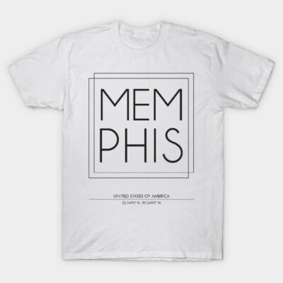 White Memphis graphic t-shirt, minimalist style, cotton material, casual wear, featuring city name and coordinates design.