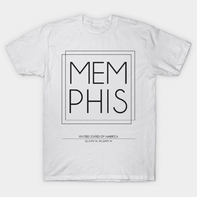 Memphis City typography 2 T-Shirt 1 White Memphis graphic t-shirt, minimalist style, cotton material, casual wear, featuring city name and coordinates design.