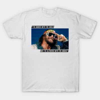 White graphic t-shirt with colorful retro style design and text, perfect for casual wear or fan apparel enthusiasts.