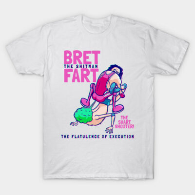 White novelty t-shirt featuring a humorous graphic with bold pink and blue text and illustrations.