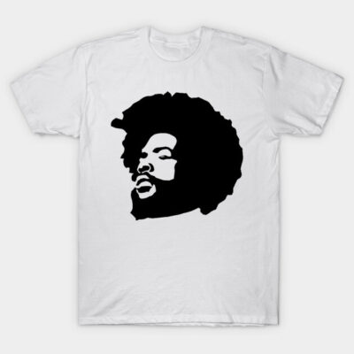White cotton t-shirt with bold black graphic design, casual unisex style, perfect for everyday wear.