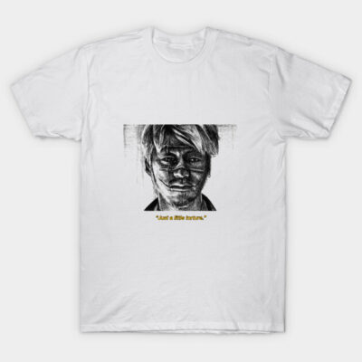 White graphic t-shirt with abstract black illustration and text design, casual cotton material, unisex style.