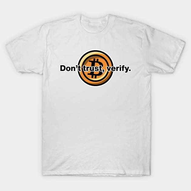 White Bitcoin-themed t-shirt with "Don't trust, verify" slogan, featuring a bold orange Bitcoin logo. Cotton material.