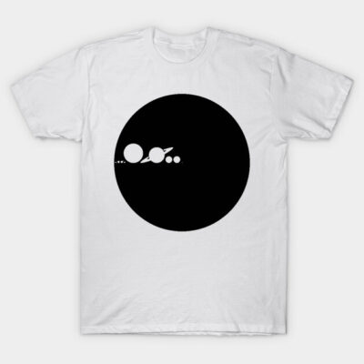 White t-shirt with black planet design, casual style, cotton material, suitable for everyday wear.