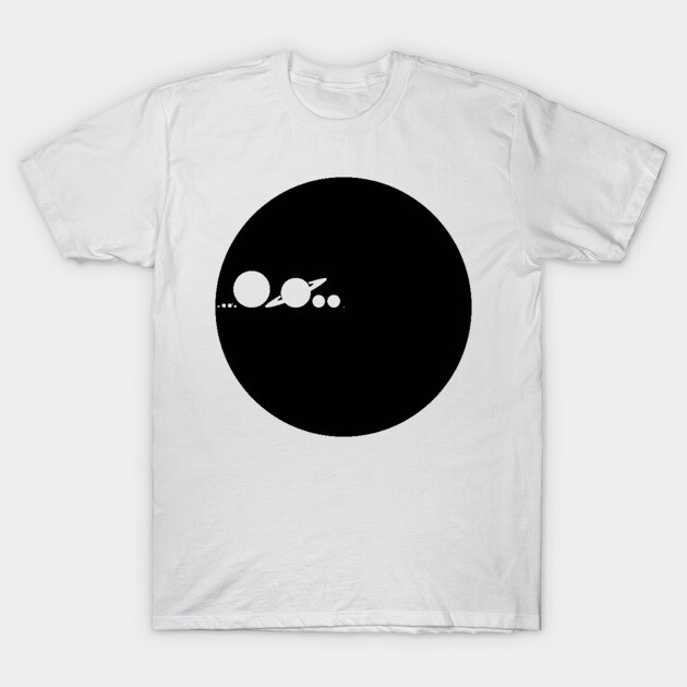 White t-shirt with black planet design, casual style, cotton material, suitable for everyday wear.