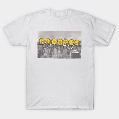 White cotton t-shirt featuring a unique urban skyline graphic with playful yellow cartoon designs, casual wear.