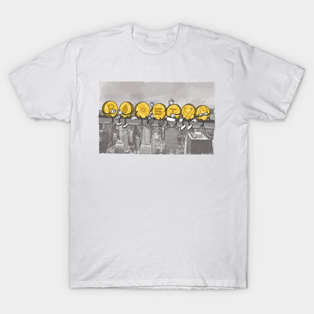 White cotton t-shirt featuring a unique urban skyline graphic with playful yellow cartoon designs, casual wear.