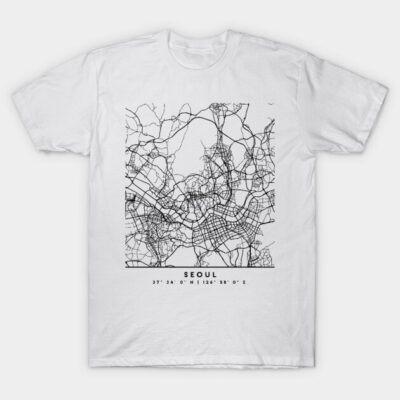 White T-shirt featuring black Seoul city map print, casual style, 100% cotton, unisex design for everyday wear.