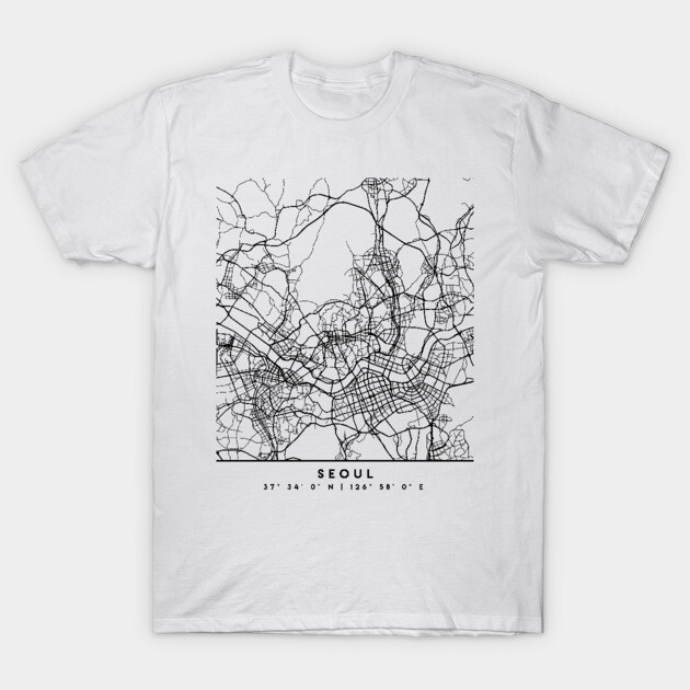 White T-shirt featuring black Seoul city map print, casual style, 100% cotton, unisex design for everyday wear.