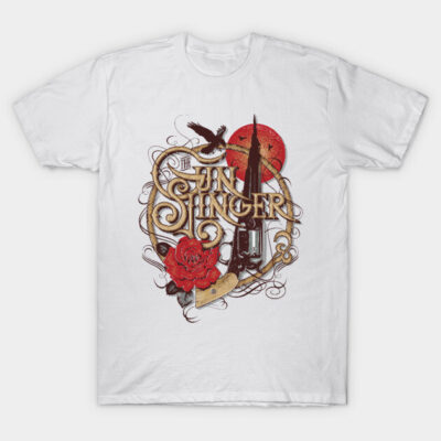 White t-shirt with artistic "The Sun Singer" graphic, featuring red rose and intricate design, cotton material, casual wear.