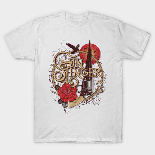 White t-shirt with artistic "The Sun Singer" graphic, featuring red rose and intricate design, cotton material, casual wear.