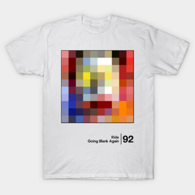White graphic t-shirt with colorful pixelated design, featuring text "Ride Going Blank Again 92" on soft cotton fabric.