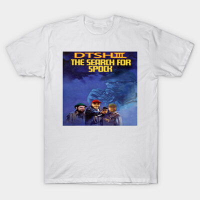 White graphic t-shirt featuring a parody design inspired by classic sci-fi themes, made from soft cotton fabric.