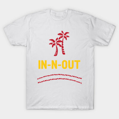 White cotton t-shirt with red palm tree graphic and bold yellow "IN-N-OUT" text, casual style, unisex.