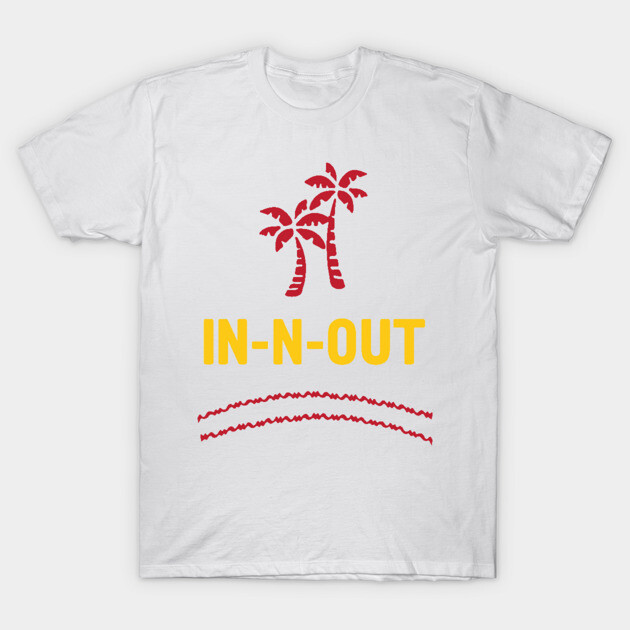 White cotton t-shirt with red palm tree graphic and bold yellow "IN-N-OUT" text, casual style, unisex.