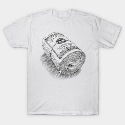 White cotton t-shirt with black sketch of rolled dollar bills, casual fashion, soft material, unisex design.