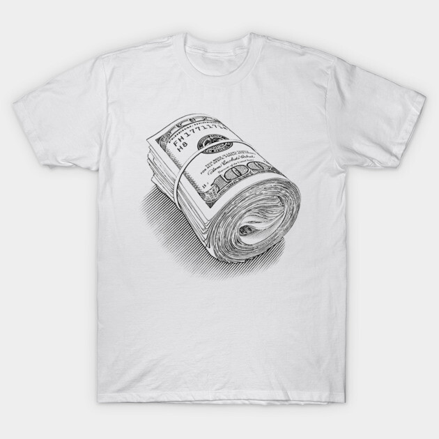 White cotton t-shirt with black sketch of rolled dollar bills, casual fashion, soft material, unisex design.