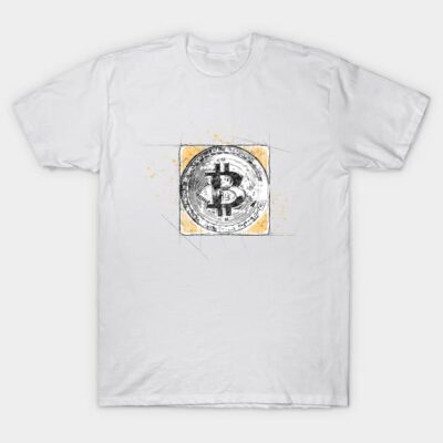 White Bitcoin graphic t-shirt, casual style, cotton material, unisex design for cryptocurrency enthusiasts.
