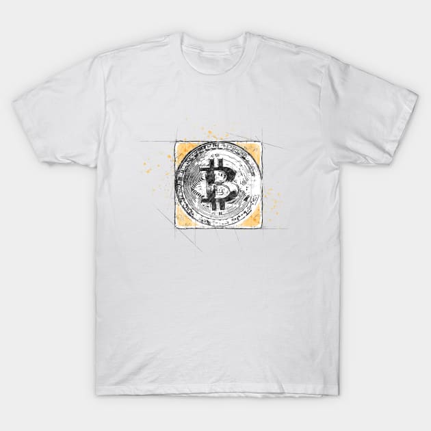White Bitcoin graphic t-shirt, casual style, cotton material, unisex design for cryptocurrency enthusiasts.