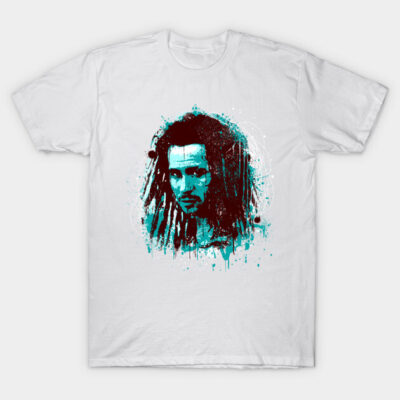 White cotton t-shirt with artistic portrait print, casual style, suitable for everyday wear.