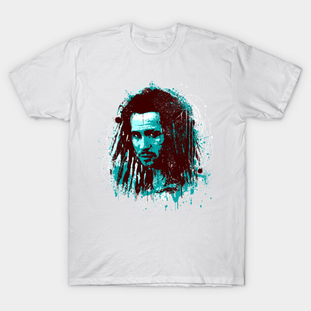 White cotton t-shirt with artistic portrait print, casual style, suitable for everyday wear.