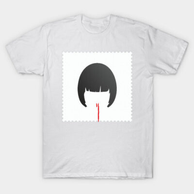 White T-shirt with minimalist black and red graphic design, short sleeves, casual wear, cotton material.