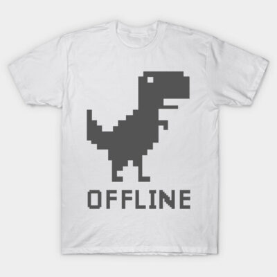 White cotton t-shirt featuring pixelated dinosaur graphic and "Offline" text, casual style for everyday wear.
