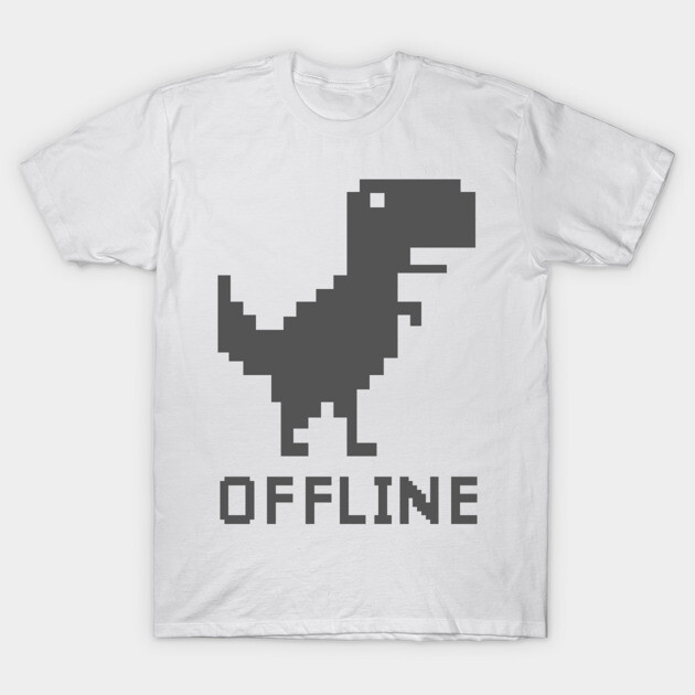 White cotton t-shirt featuring pixelated dinosaur graphic and "Offline" text, casual style for everyday wear.