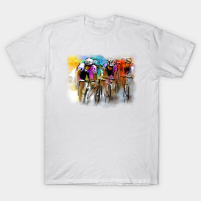White t-shirt with colorful cyclist art print, casual style, perfect for sports enthusiasts and art lovers. Cotton material.