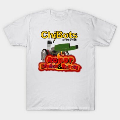 White t-shirt with "Robot Search & Rescue" design, colorful graphic print, casual wear, cotton material.