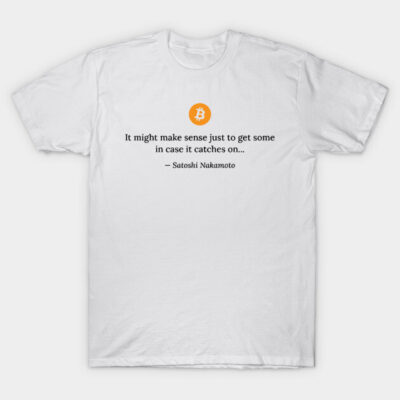 White Bitcoin-themed t-shirt with orange logo and quote text, casual style, cotton material, ideal for everyday wear.