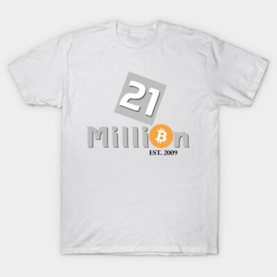 White Bitcoin-themed T-shirt with "21 Million" text, casual style, made of cotton, perfect for cryptocurrency enthusiasts.