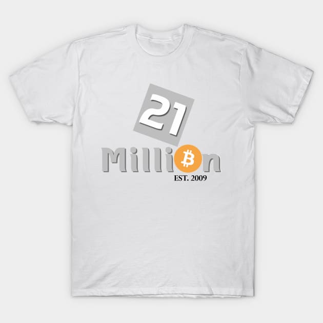 White Bitcoin-themed T-shirt with "21 Million" text, casual style, made of cotton, perfect for cryptocurrency enthusiasts.
