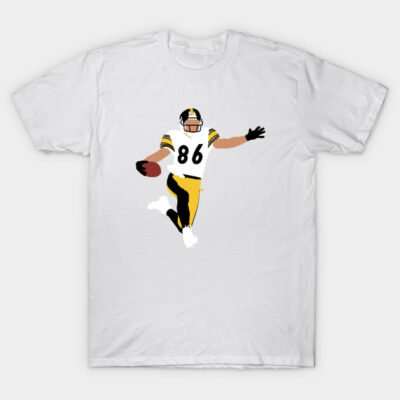 White t-shirt featuring illustration of football player in black and yellow uniform, sporty casual wear.