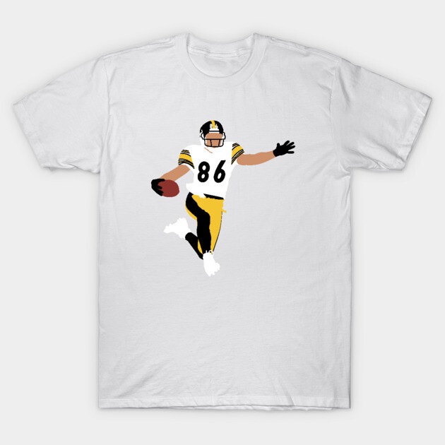 White t-shirt featuring illustration of football player in black and yellow uniform, sporty casual wear.